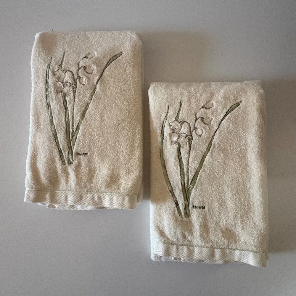 Vintage Croscill Cotton Bath Towels Set 2 Embroidered Orchid Floral Cream USA